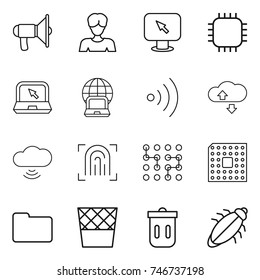 thin line icon set : loudspeaker, woman, monitor arrow, chip, notebook, globe, wireless, cloude service, cloud, fingerprint, cpu, documents, trash bin, bug