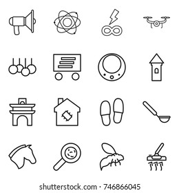 thin line icon set : loudspeaker, atom, infinity power, drone, sale, delivery, necklace, tower, arch, smart house, slippers, ladle, horse, viruses, wasp, vacuum cleaner
