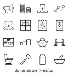 thin line icon set : loudspeaker, coin stack, hierarchy, graph, structure, gift, receipt, mobile location, invoice, sorting, confidential, vip fence, toilet, meat hammer, bank, mortar