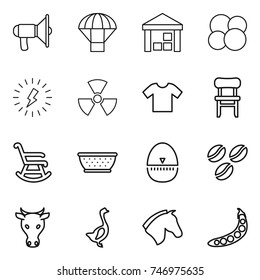 thin line icon set : loudspeaker, parachute, warehouse, atom core, lightning, nuclear, t shirt, chair, rocking, colander, egg timer, coffee seeds, cow, goose, horse, peas