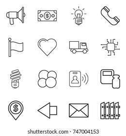 thin line icon set : loudspeaker, money, bulb, phone, flag, heart, truck, chip, atom core, pass card, scales weight, dollar pin, left arrow, mail, fence