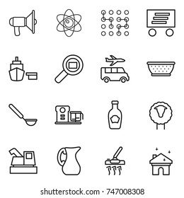 thin line icon set : loudspeaker, atom, chip, delivery, port, cargo search, transfer, colander, ladle, food processor, ketchup, sheep, harvester, jug, vacuum cleaner, house cleaning