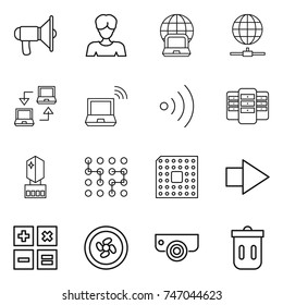 thin line icon set : loudspeaker, woman, notebook globe, connect, wireless, server, crystall memory, chip, cpu, right arrow, calculator, cooler fan, surveillance camera, trash bin