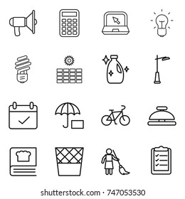thin line icon set : loudspeaker, calculator, notebook, bulb, sun power, cleanser, outdoor light, terms, insurance, bike, service bell, cooking book, trash bin, brooming, clipboard list
