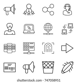 thin line icon set : loudspeaker, share, call center, woman, notebook, globe connect, server, fingerprint, right arrow, invoice, trash bin, bug