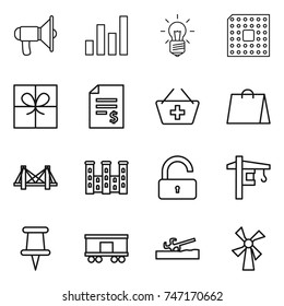 thin line icon set : loudspeaker, graph, bulb, cpu, gift, account balance, add to basket, shopping bag, bridge, palace, unlock, tower crane, pin, railroad shipping, soil cutter, windmill