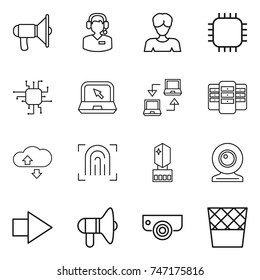 thin line icon set : loudspeaker, call center, woman, chip, notebook, connect, server, cloude service, fingerprint, crystall memory, web cam, right arrow, surveillance camera, trash bin
