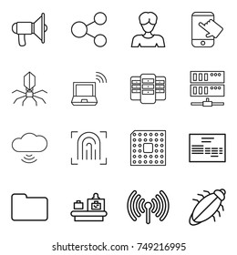 thin line icon set : loudspeaker, share, woman, touch, virus, notebook wireless, server, cloud, fingerprint, cpu, invoice, documents, baggage checking, bug