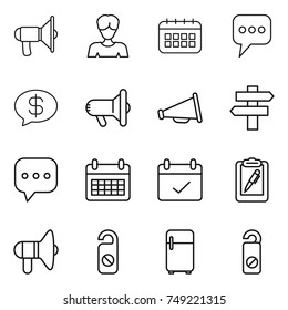 thin line icon set : loudspeaker, woman, calendar, message, money, megafon, singlepost, sms, terms, clipboard pen, do not distrub, fridge