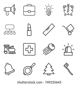 thin line icon set : loudspeaker, portfolio, bulb, alarm clock, structure, lipstick, level, trolley, train, first aid, jellyfish, bell, pan, spruce, tooth brush