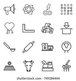 thin line icon set : loudspeaker, atom, infinity power, chip, cardio, ruler, modern architecture, package, ladle, rolling pin, food processor, sheep, field, cow, harvester, vacuum cleaner