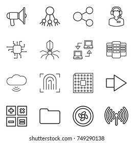 thin line icon set : loudspeaker, share, call center, chip, virus, notebook connect, server, cloud wireless, fingerprint, cpu, right arrow, calculator, documents, cooler fan