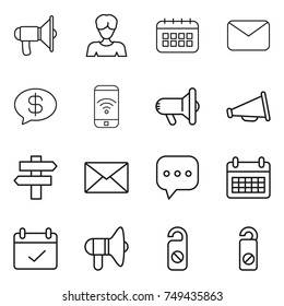 thin line icon set : loudspeaker, woman, calendar, mail, money message, phone wireless, megafon, singlepost, sms, terms, do not distrub
