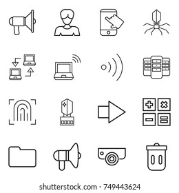 thin line icon set : loudspeaker, woman, touch, virus, notebook connect, wireless, server, fingerprint, crystall memory, right arrow, calculator, documents, surveillance camera, trash bin