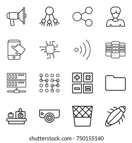 thin line icon set : loudspeaker, share, woman, touch, chip, wireless, server, calculator, documents, baggage checking, surveillance camera, trash bin, bug