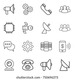 thin line icon set : loudspeaker, gear, phone, group, chip, satellite, antenna, discussion, round around, server, pay, web cam