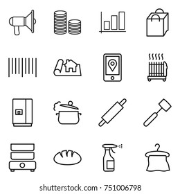 thin line icon set : loudspeaker, coin stack, graph, shopping bag, bar code, project, mobile location, radiator, fridge, steam pan, rolling pin, meat hammer, double boiler, bread, sprayer, hanger