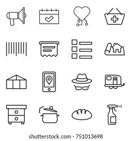 thin line icon set : loudspeaker, calendar, cardio chip, add to basket, bar code, atm receipt, list, project, greenhouse, mobile location, confidential, trailer, nightstand, steam pan, bread