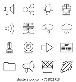 thin line icon set : loudspeaker, share, chip, notebook globe, wireless, server, cloud service, cloud, crystal memory, web cam, right arrow, invoice, documents, trash bin, bug