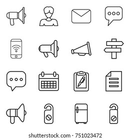 thin line icon set : loudspeaker, woman, mail, message, phone wireless, megafon, singlepost, sms, calendar, clipboard pen, document, do not distrub, fridge