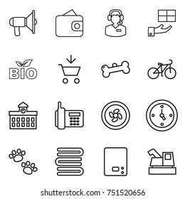 thin line icon set : loudspeaker, wallet, call center, gift, bio, add to cart, bone, bike, university, phone, cooler fan, watch, pets, towels, kitchen scales, harvester