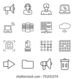thin line icon set : loudspeaker, call center, woman, notebook, wireless, server, cloud, fingerprint, crystall memory, chip, cpu, right arrow, documents, trash bin