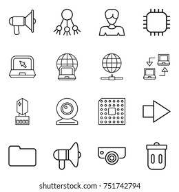 thin line icon set : loudspeaker, share, woman, chip, notebook, globe, connect, crystall memory, web cam, cpu, right arrow, documents, surveillance camera, trash bin