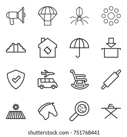 thin line icon set : loudspeaker, parachute, virus, round around, pyramid, smart house, dry cargo, package, protected, transfer, rocking chair, rolling pin, field, horse, viruses, iron board