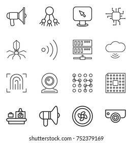 thin line icon set : loudspeaker, share, monitor arrow, chip, virus, wireless, server, cloud, fingerprint, web cam, cpu, baggage checking, cooler fan, surveillance camera