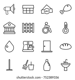 thin line icon set : loudspeaker, market, sale, chicken leg, library, pallet, invalid, thermometer, drop, coffee maker, door, bread, rake, bucket and broom, cleanser, water tap sink
