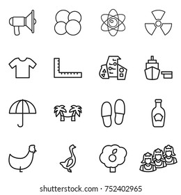 thin line icon set : loudspeaker, atom core, nuclear, t shirt, ruler, modern architecture, port, dry cargo, palm hammock, slippers, ketchup, chicken, goose, garden, outsource
