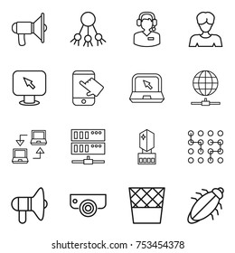 thin line icon set : loudspeaker, share, call center, woman, monitor arrow, touch, notebook, globe connect, server, crystall memory, chip, surveillance camera, trash bin, bug