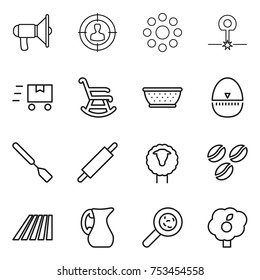 thin line icon set : loudspeaker, target audience, round around, laser, fast deliver, rocking chair, colander, egg timer, spatula, rolling pin, sheep, coffee seeds, field, jug, viruses, garden