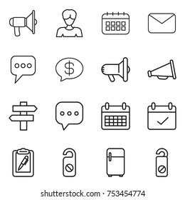 thin line icon set : loudspeaker, woman, calendar, mail, message, money, megafon, singlepost, sms, terms, clipboard pen, do not distrub, fridge