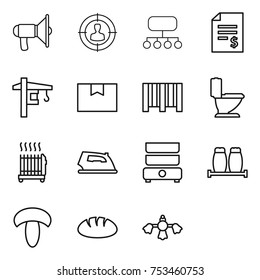 thin line icon set : loudspeaker, target audience, structure, account balance, tower crane, package box, bar code, toilet, radiator, iron, double boiler, salt pepper, mushroom, bread