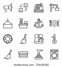 thin line icon set : loudspeaker, notebook connect, cashbox, loading, crane, customs control, anchor, cafe, lifebuoy, broom, coffee maker, thermometer, sponge, plunger, washing machine