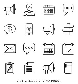 thin line icon set : loudspeaker, woman, calendar, message, money, phone wireless, megafon, singlepost, mail, sms, terms, clipboard pen, document, fridge