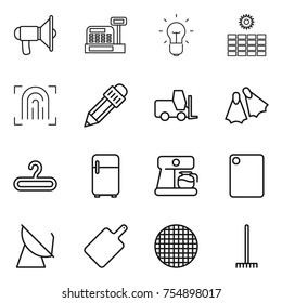 thin line icon set : loudspeaker, cashbox, bulb, sun power, fingerprint, pencil, fork loader, flippers, hanger, fridge, coffee maker, cutting board, satellite antenna, sieve, rake