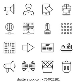 thin line icon set : loudspeaker, woman, touch, notebook globe, connect, server, crystall memory, chip, cpu, right arrow, invoice, baggage checking, wireless, trash bin