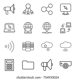 thin line icon set : loudspeaker, share, monitor arrow, notebook, globe, connect, wireless, server, cloude service, cloud, calculator, documents, surveillance camera