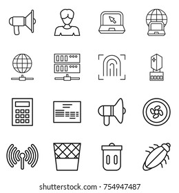 thin line icon set : loudspeaker, woman, notebook, globe, connect, server, fingerprint, crystall memory, calculator, invoice, cooler fan, wireless, trash bin, bug