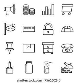 Thin line icon set : loudspeaker, coin stack, graph, delivery, store signboard, bunker, unlock, greenhouse, pin, package box, nightstand, phone, scoop, bank, sprayer, construct garbage