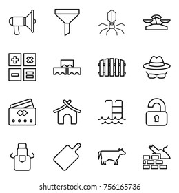 Thin line icon set : loudspeaker, funnel, virus, scales, calculator, block wall, fence, confidential, credit card, bungalow, pool, unlocked, apron, cutting board, cow, construct garbage