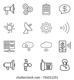 Thin line icon set : loudspeaker, gear, clipboard, money message, chip, satellite antenna, round around, wireless, server, cloude service, cloud, mobile pay, megafon, phone, support manager