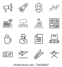 Thin line icon set : loudspeaker, rocket, dollar, graph, cashbox, structure, microscope, calculator, hot drink, support manager, document, transporter tape, check in, departure, clothespin