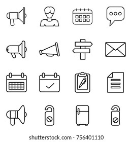Thin line icon set : loudspeaker, woman, calendar, message, megafon, singlepost, mail, terms, clipboard pen, document, do not distrub, fridge