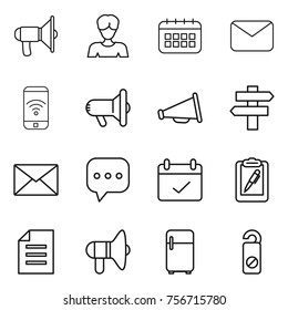 thin line icon set : loudspeaker, woman, calendar, mail, phone wireless, megafon, singlepost, sms, terms, clipboard pen, document, fridge, do not distrub