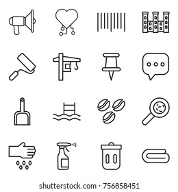 Thin line icon set : loudspeaker, cardio chip, bar code, palace, repair, tower crane, pin, sms, scoop, pool, coffee seeds, viruses, sow, sprayer, trash bin, towel