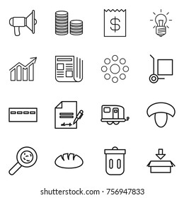 Thin line icon set : loudspeaker, coin stack, receipt, bulb, diagram, newspaper, round around, cargo stoller, bunker, inventory, trailer, mushroom, viruses, bread, trash bin, package