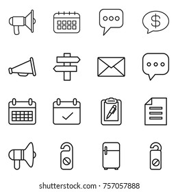 Thin line icon set : loudspeaker, calendar, message, money, singlepost, mail, sms, terms, clipboard pen, document, do not distrub, fridge